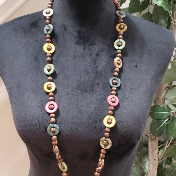 Vintage Bohemian Multicolor Wood Beaded Long Sweater Style Teardrop Necklace - Picture 2 of 10